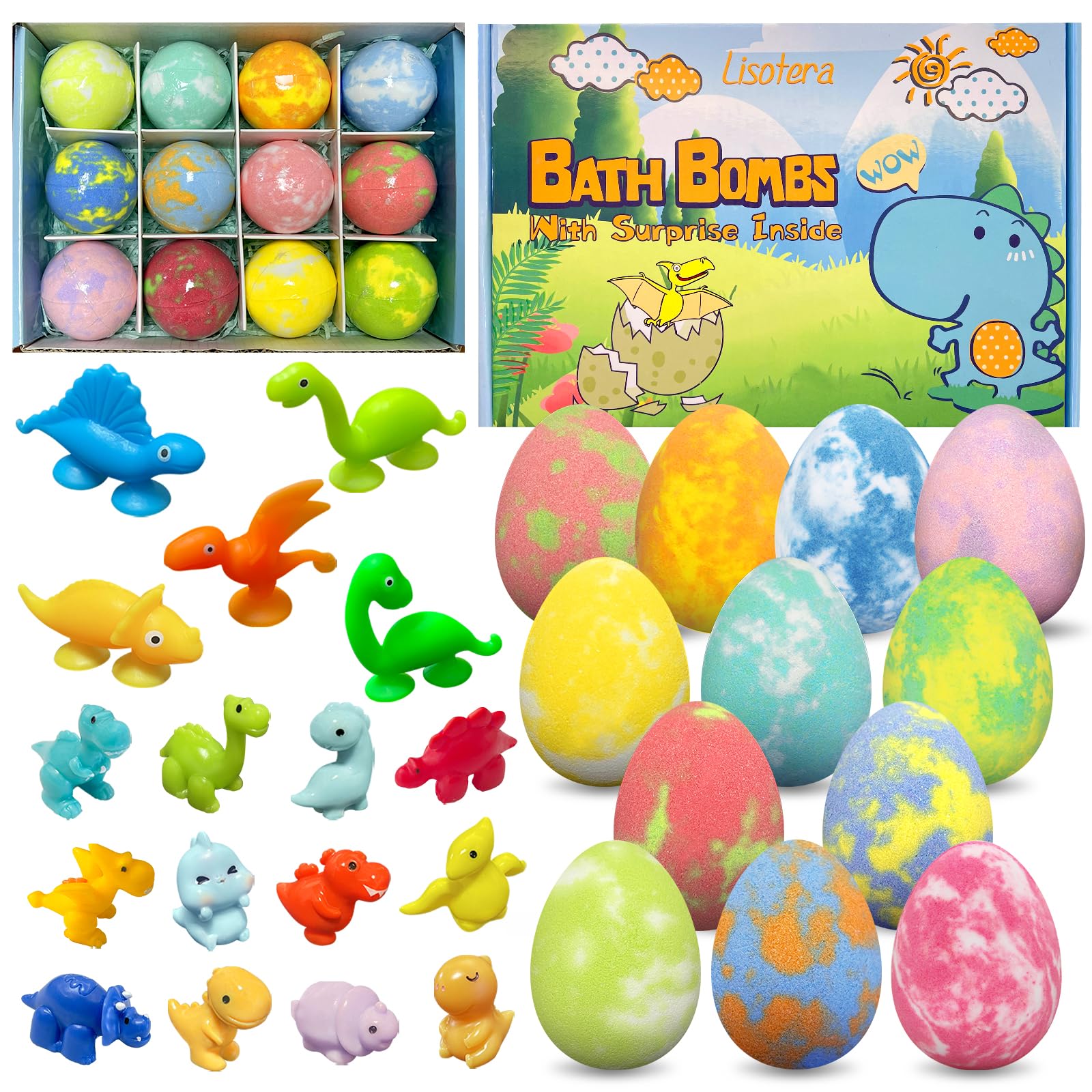 Lisotera dino egg bath bombs 12-pack with colorful fizz and surprises