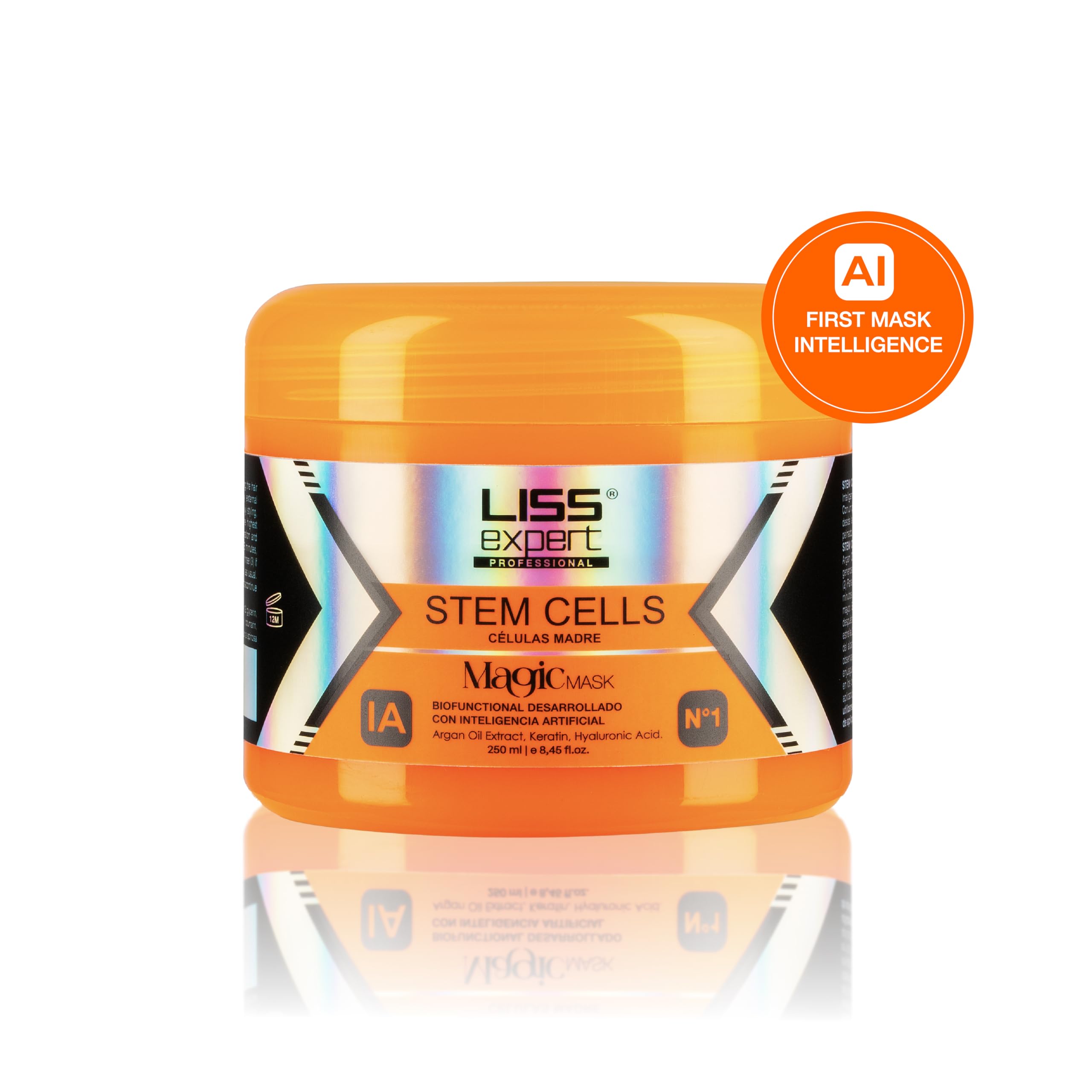 Liss Expert Stem Cells Magic Mask ingredients spotlight with argan oil, keratin, and hyaluronic acid for hydration.