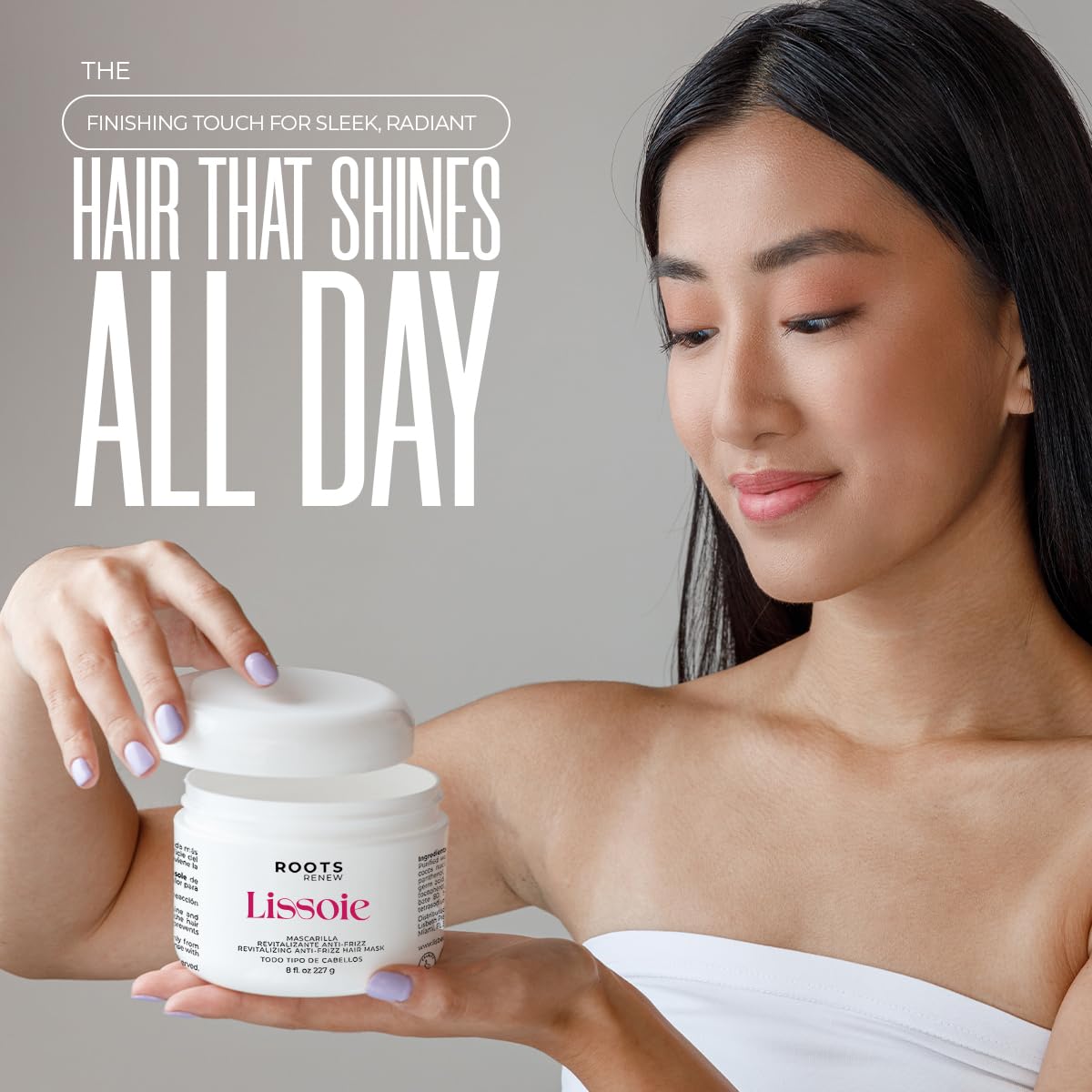 Lissoie Revitalizing Anti-Frizz Mask bottle on counter with shine
