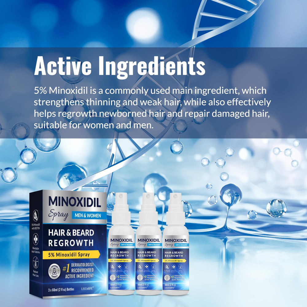 Listarfe Minoxidil spray morning application on scalp for thinning areas.