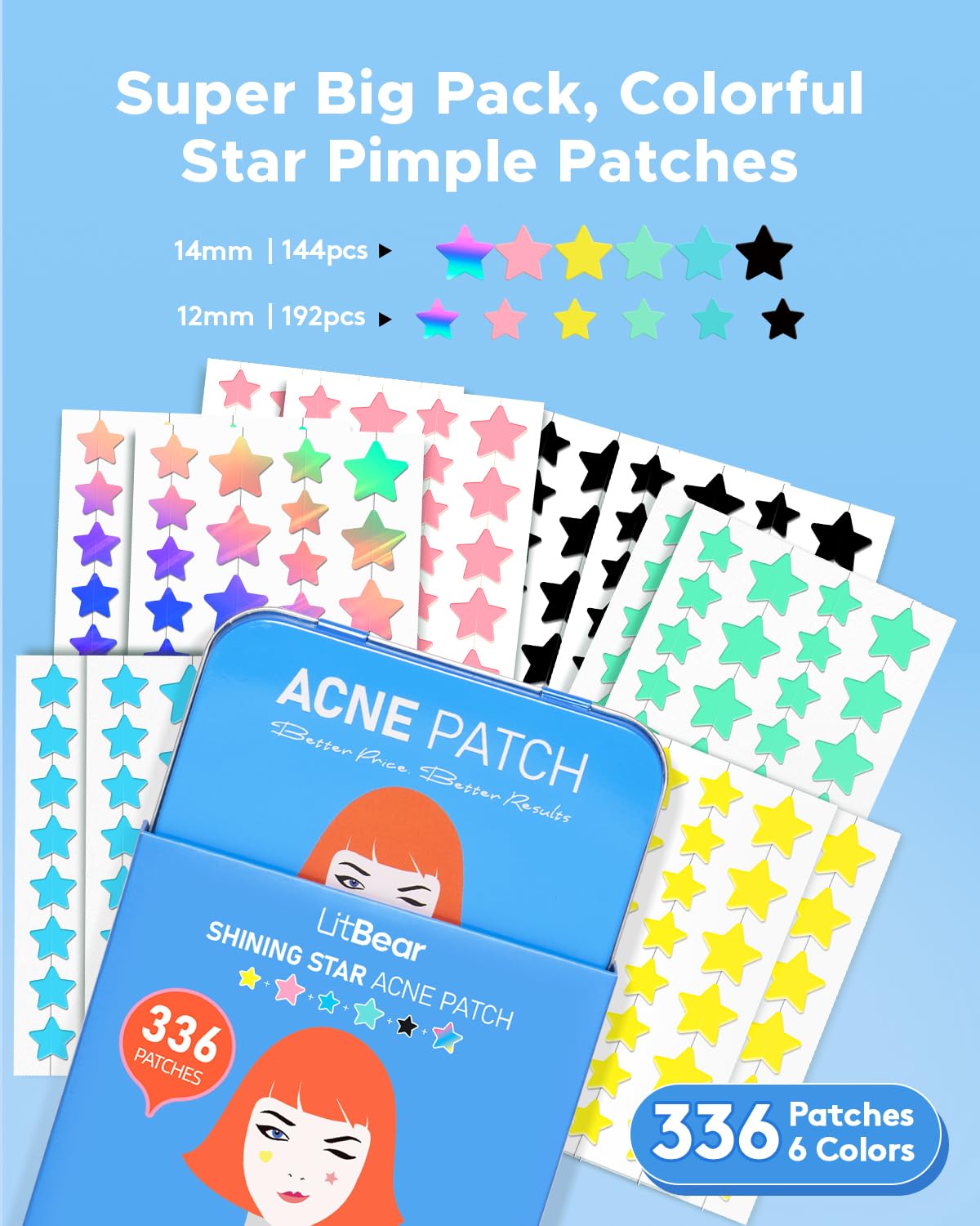 LitBear patches feature 336 dots and tea tree centella formula for soothing care.