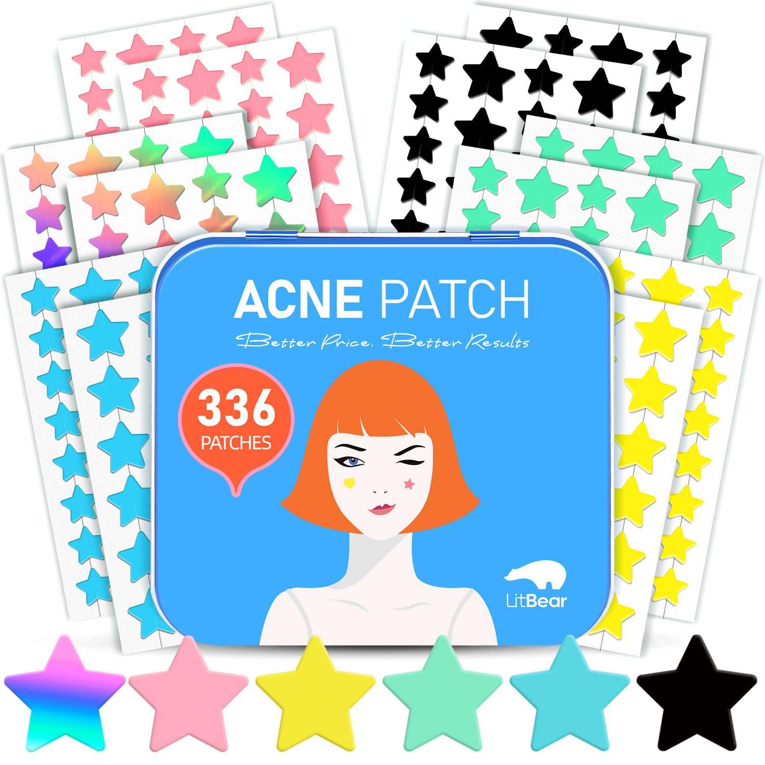 LitBear acne star patches in vibrant colors with strong adhesion for overnight protection.