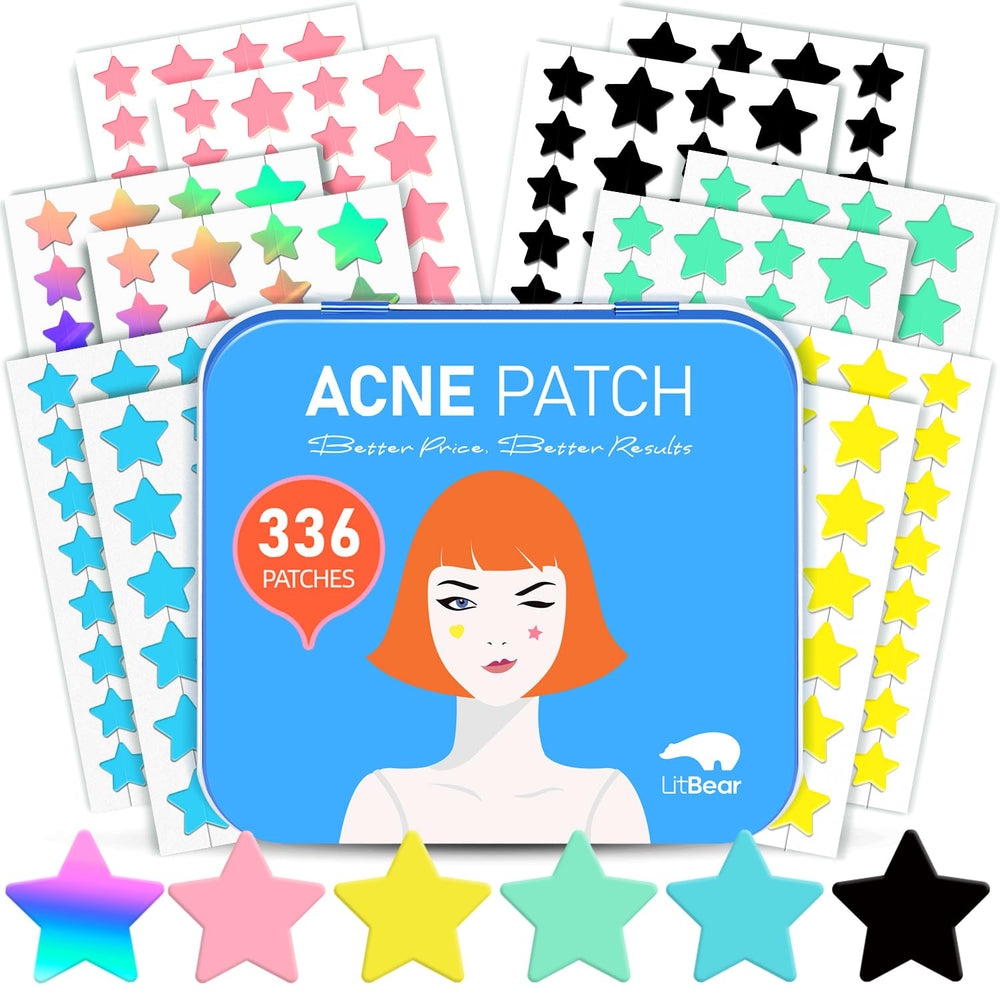 LitBear acne star patches in vibrant colors with strong adhesion for overnight protection.