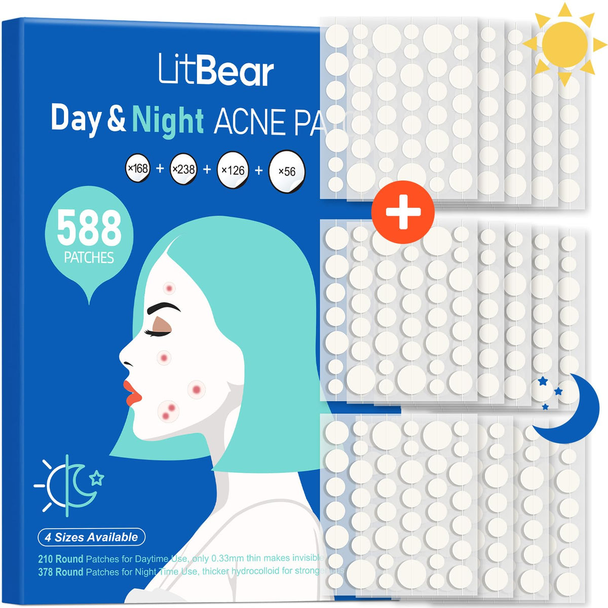 LitBear acne patches day-night bundle; discreet packaging and 24-hour coverage for everyday use.
