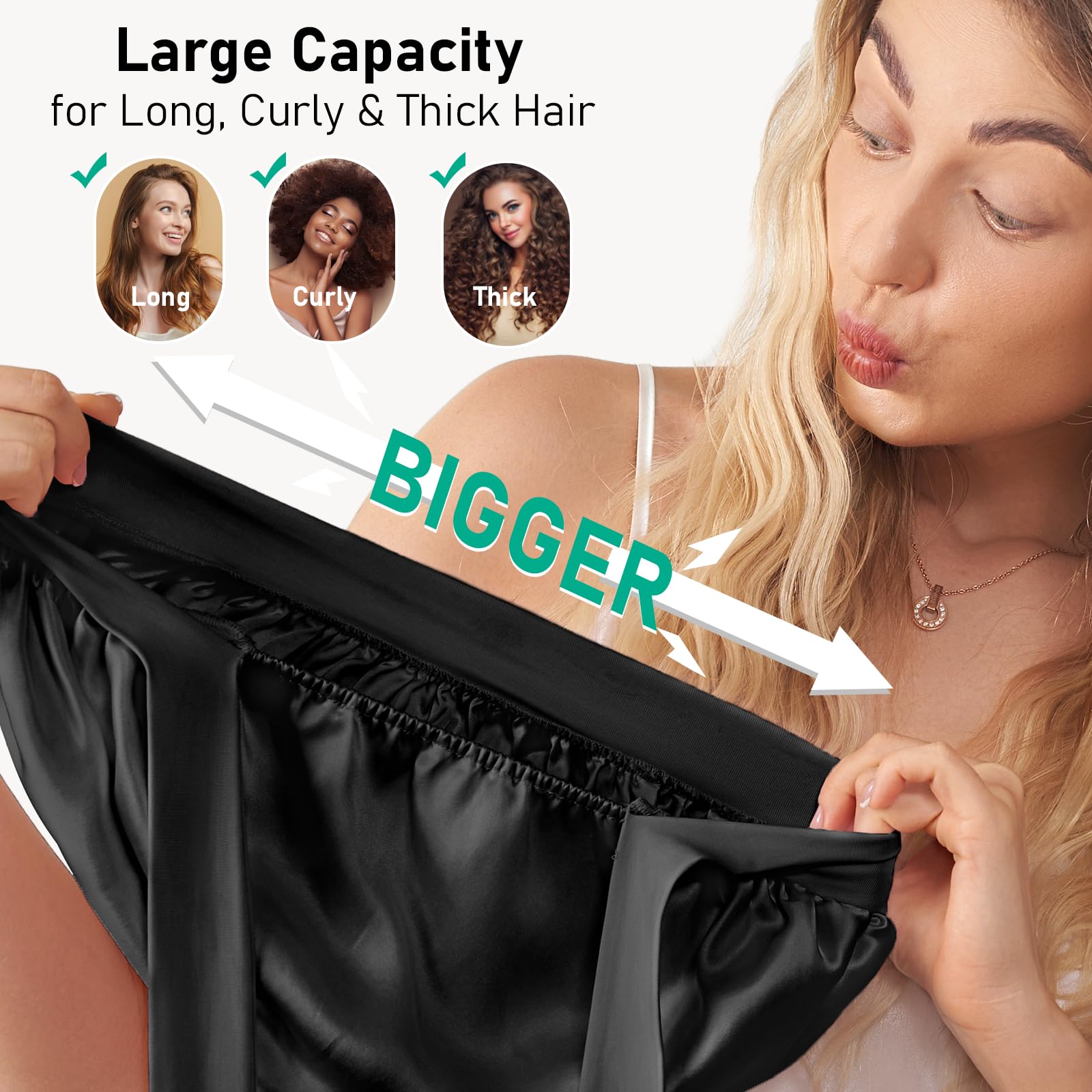 LitBear large-fit bonnet accommodates curly and long hair for hair-preserving sleep