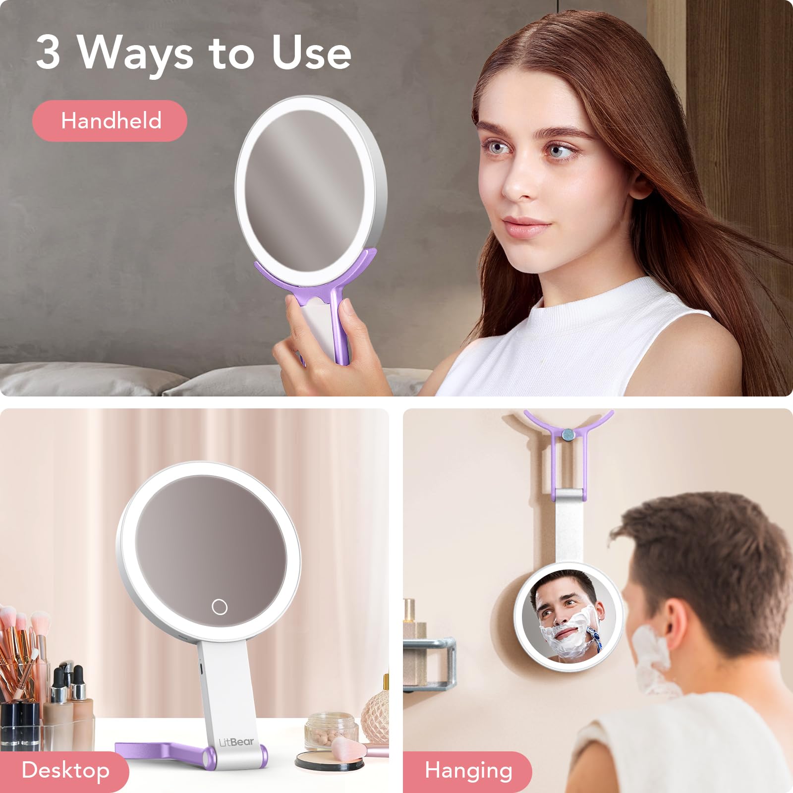 LitBear rechargeable makeup mirror with 1200mAh battery via USB-C.
