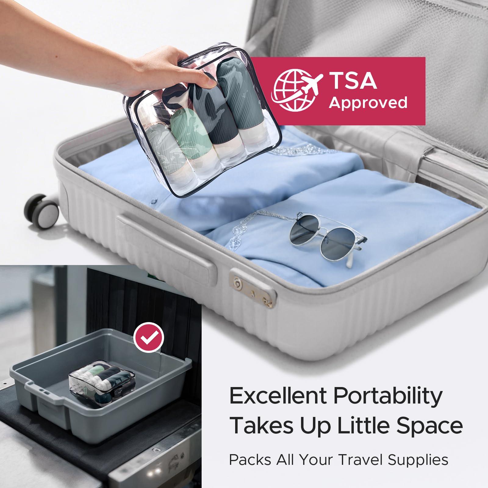 LitBear clear zippered travel bag keeps bottles organized