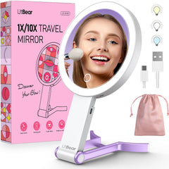 LitBear travel makeup mirror with purple finish and bright LED lighting for on-the-go makeup.