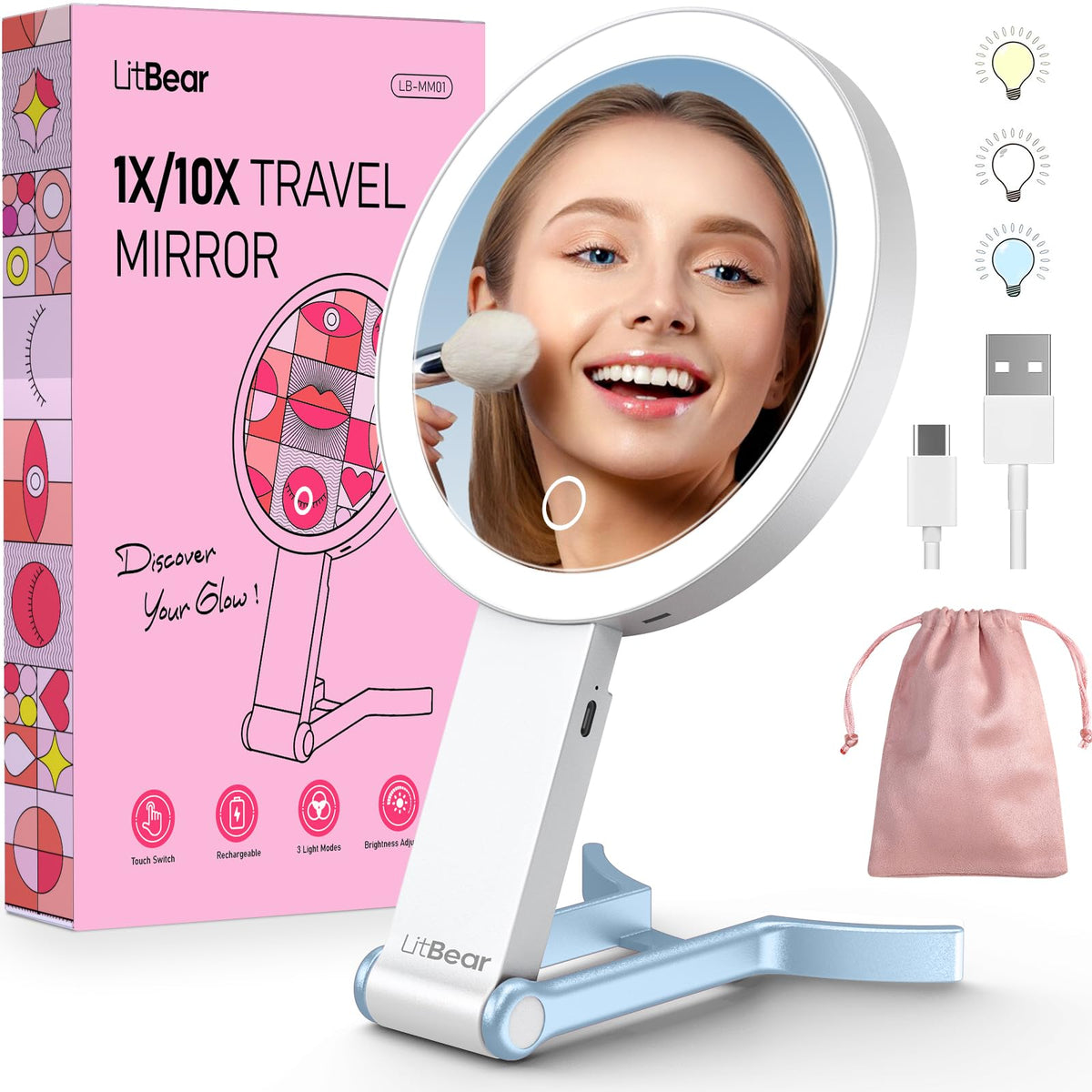 LitBear travel makeup mirror light setup for precise makeup in any setting.