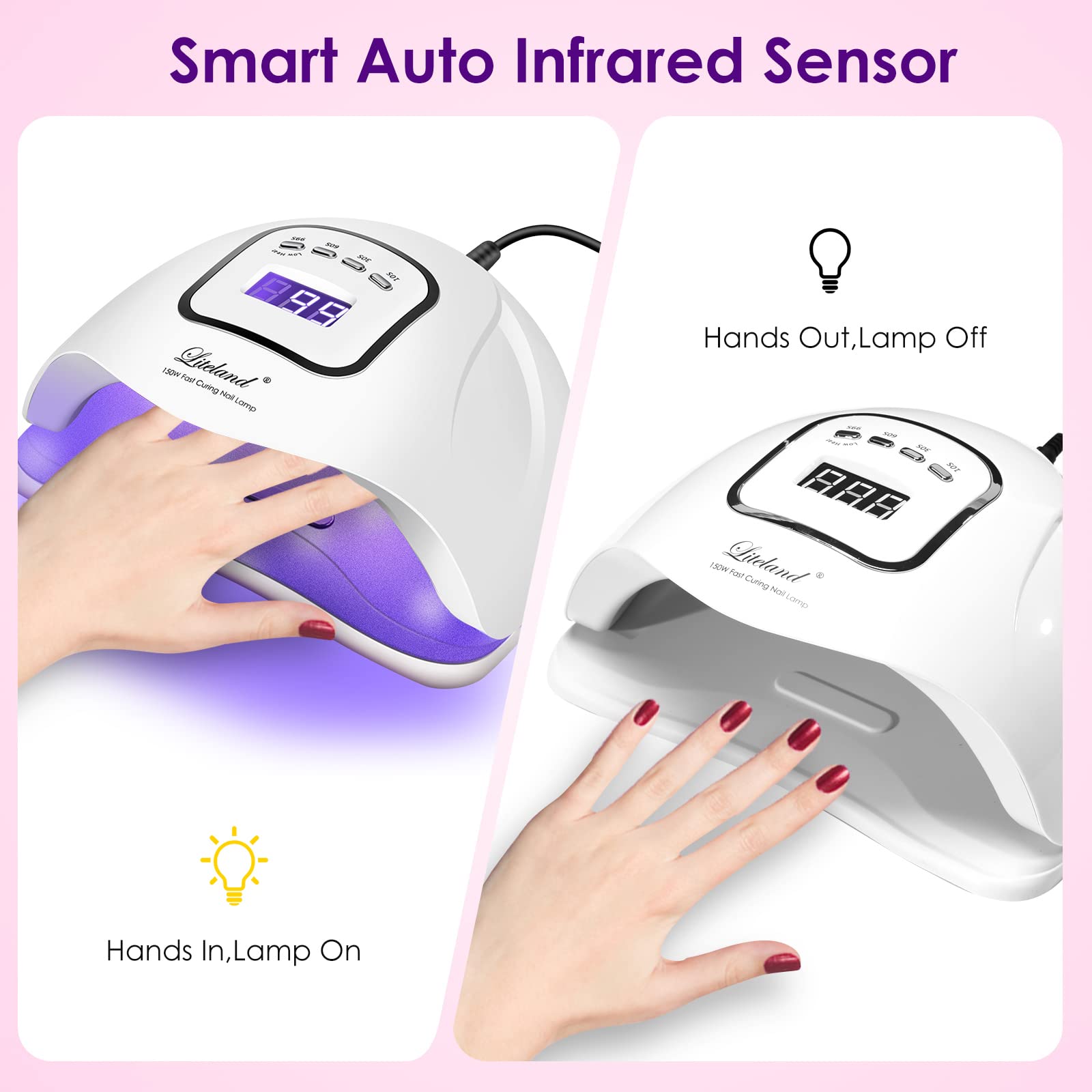 Liteland UV nail lamp hand-therapy setup demonstrates spacious curing area for nails.