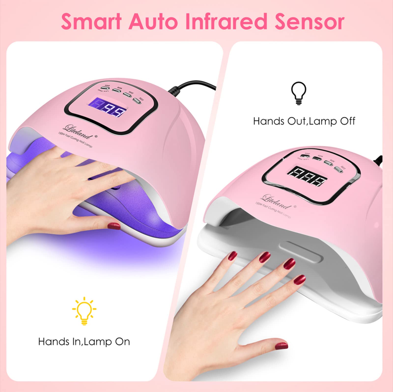 Liteland UV nail lamp two-hands space supports manicure and pedicure sessions.