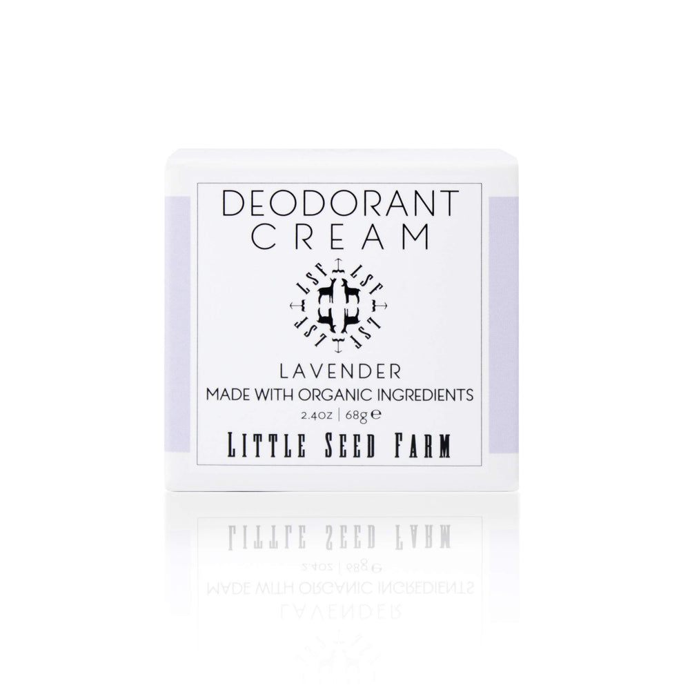 Little Seed Farm lavender deodorant cream jar closeup showing silky texture for long-lasting freshness.