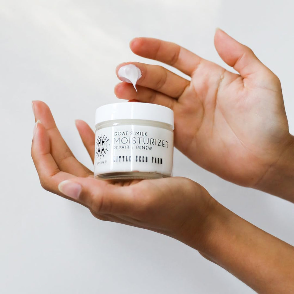 Little Seed Farm Goat's Milk Face Moisturizer texture swirl shows lightweight finish.