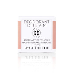 Little Seed Farm rosemary-patchouli deodorant cream jar shows aluminum-free formula for freshness.