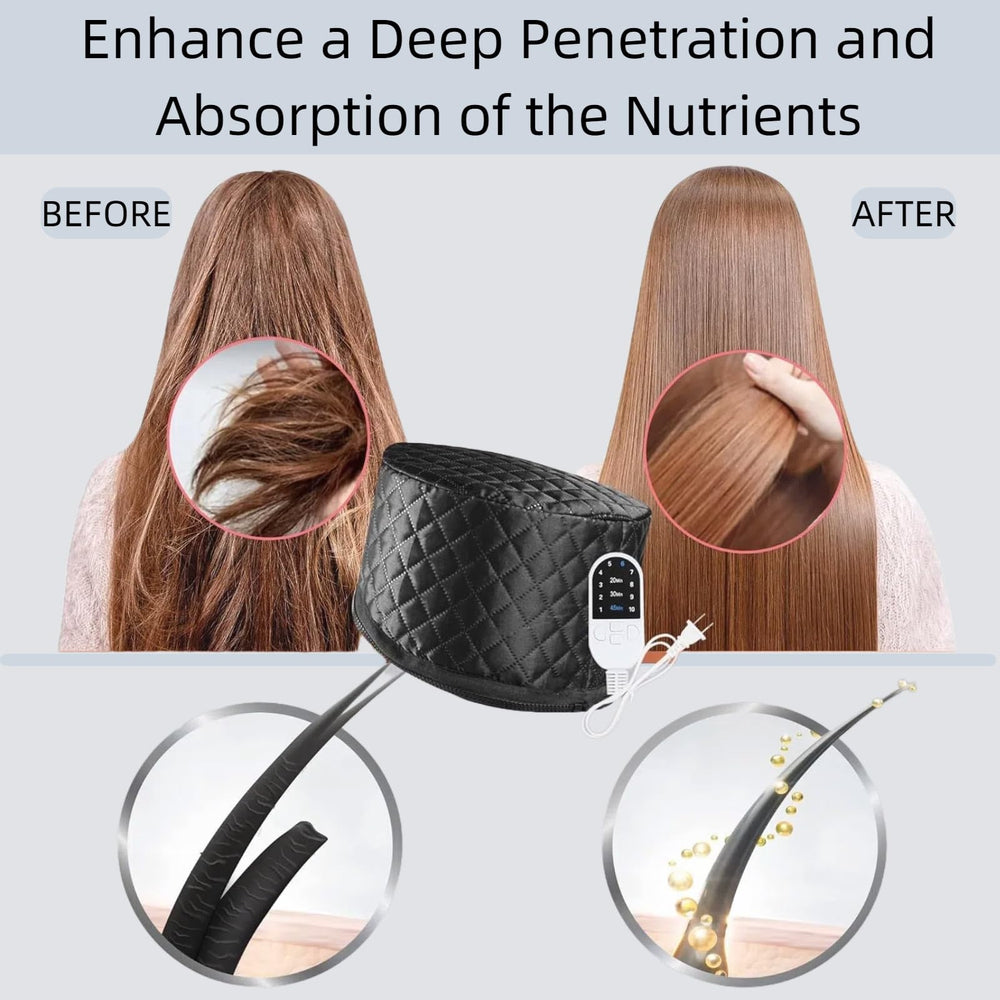 liuweihui hair steamer on full-head cap provides wide coverage for complete conditioning.