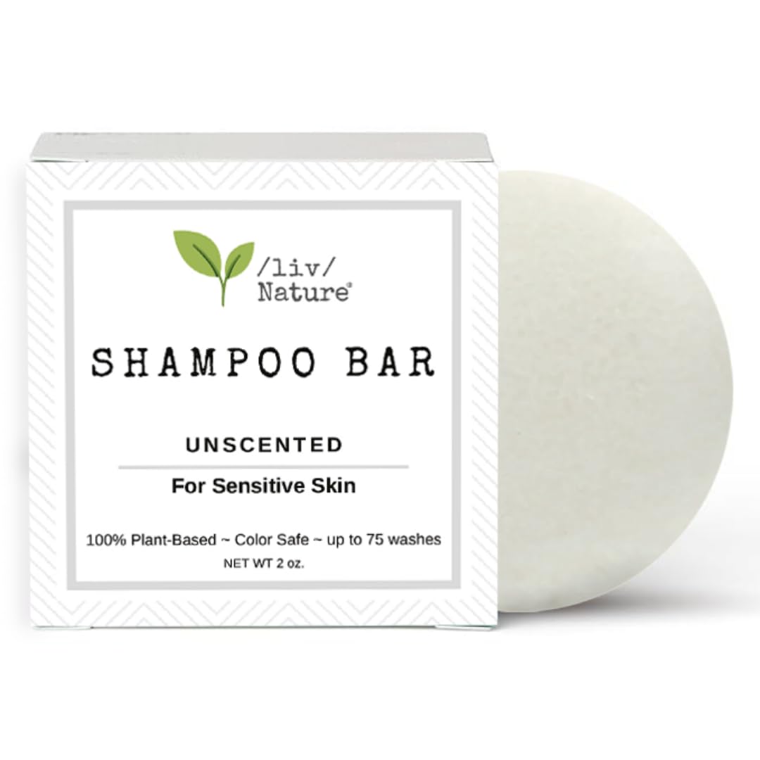 liv Nature fragrance-free shampoo bar packaging shows compact eco-friendly design for travel and sensitive skin