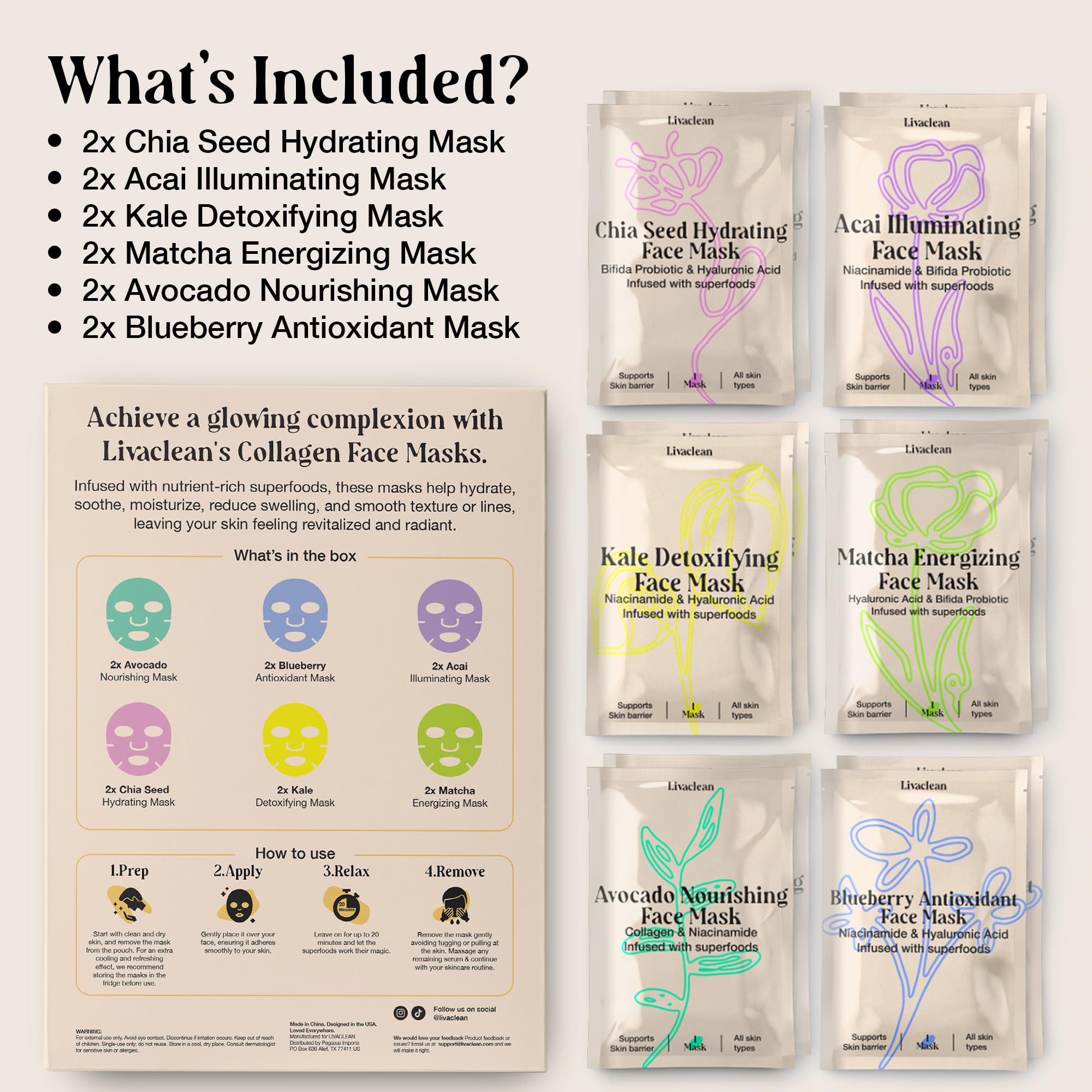 LivaClean collagen sheet mask closeup hydration emphasizes hyaluronic acid and glycerin moisture.