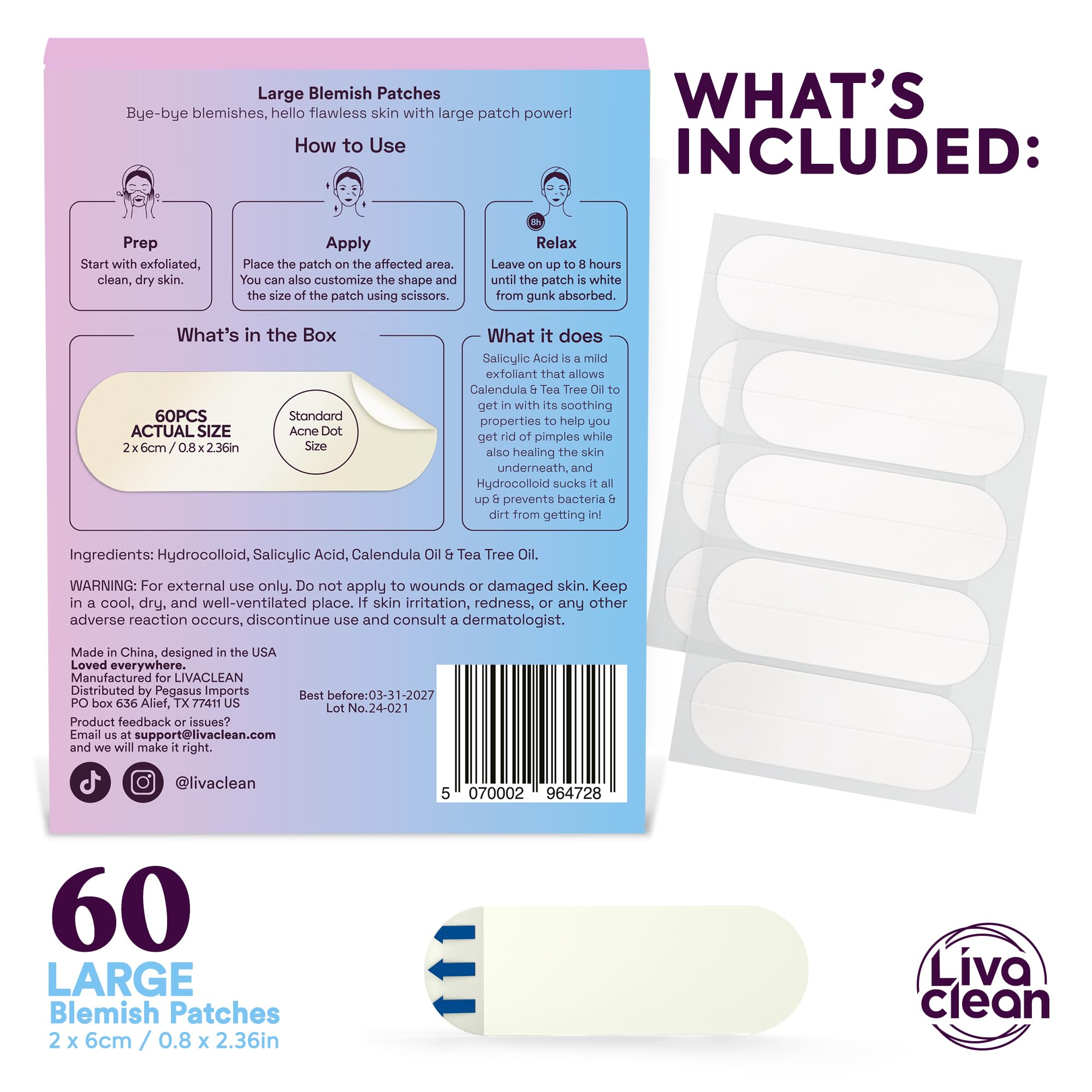 LivaClean large pimple patches closeup with salicylic acid; targets oil and impurities
