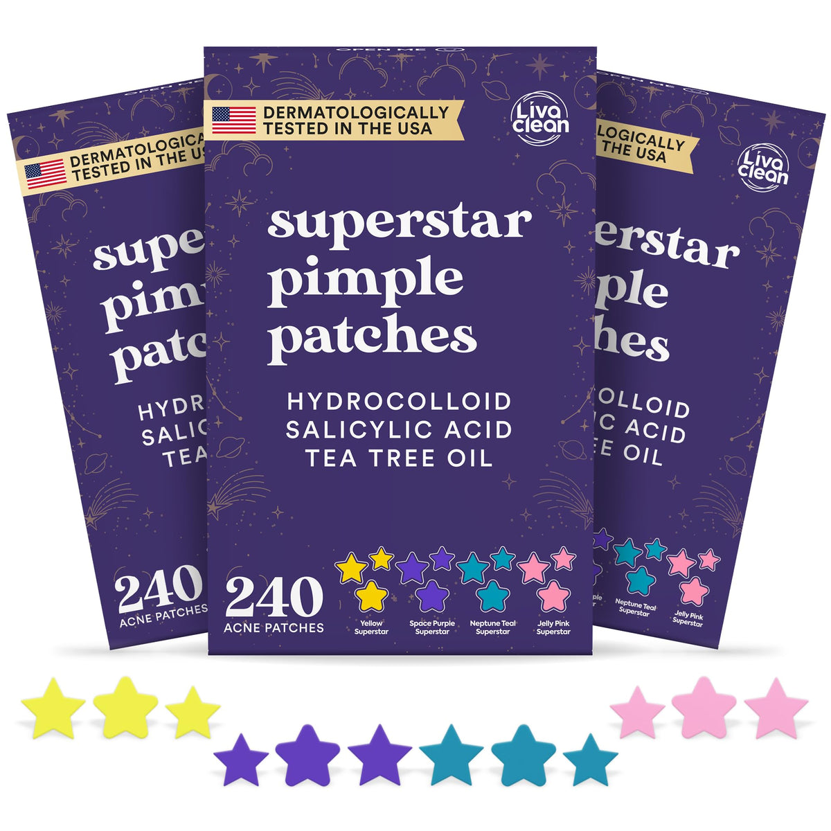 Livaclean star patch 14mm yellow covers blemishes and absorbs oils for clearer skin.