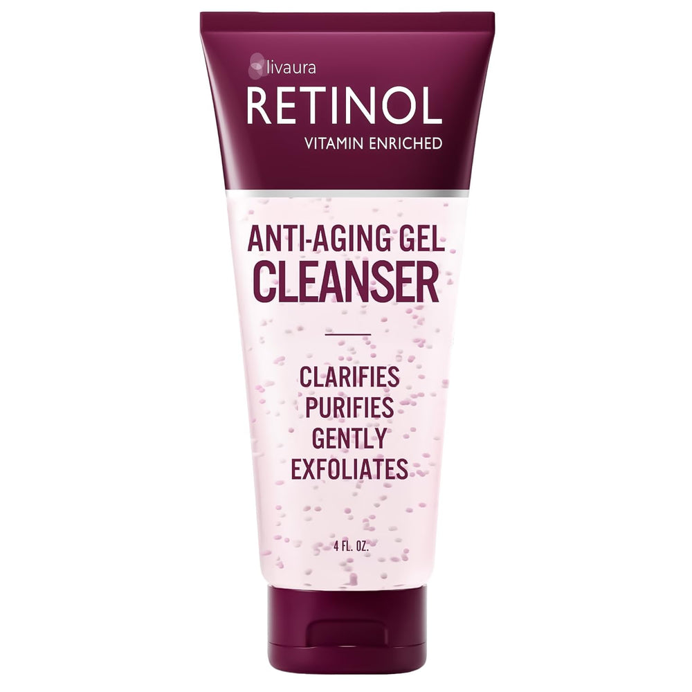 LIVAURA Retinol Gel Cleanser bottle cleanses pores and removes makeup.
