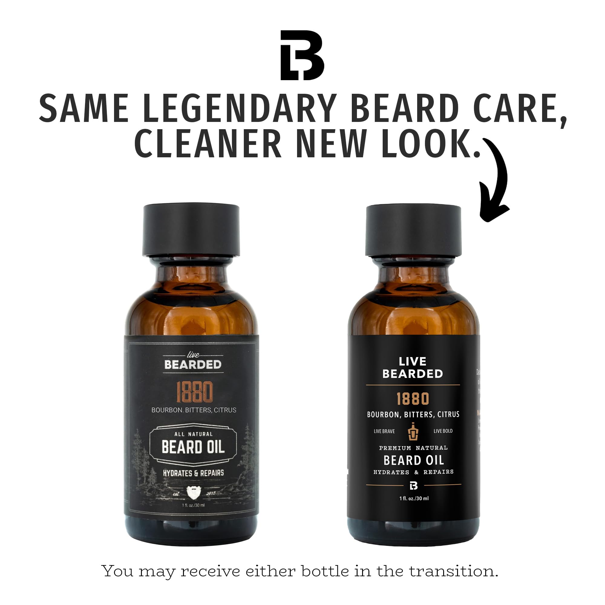 Live Bearded 1880 scent bottle highlighting bourbon, bitters, citrus profile for grooming.