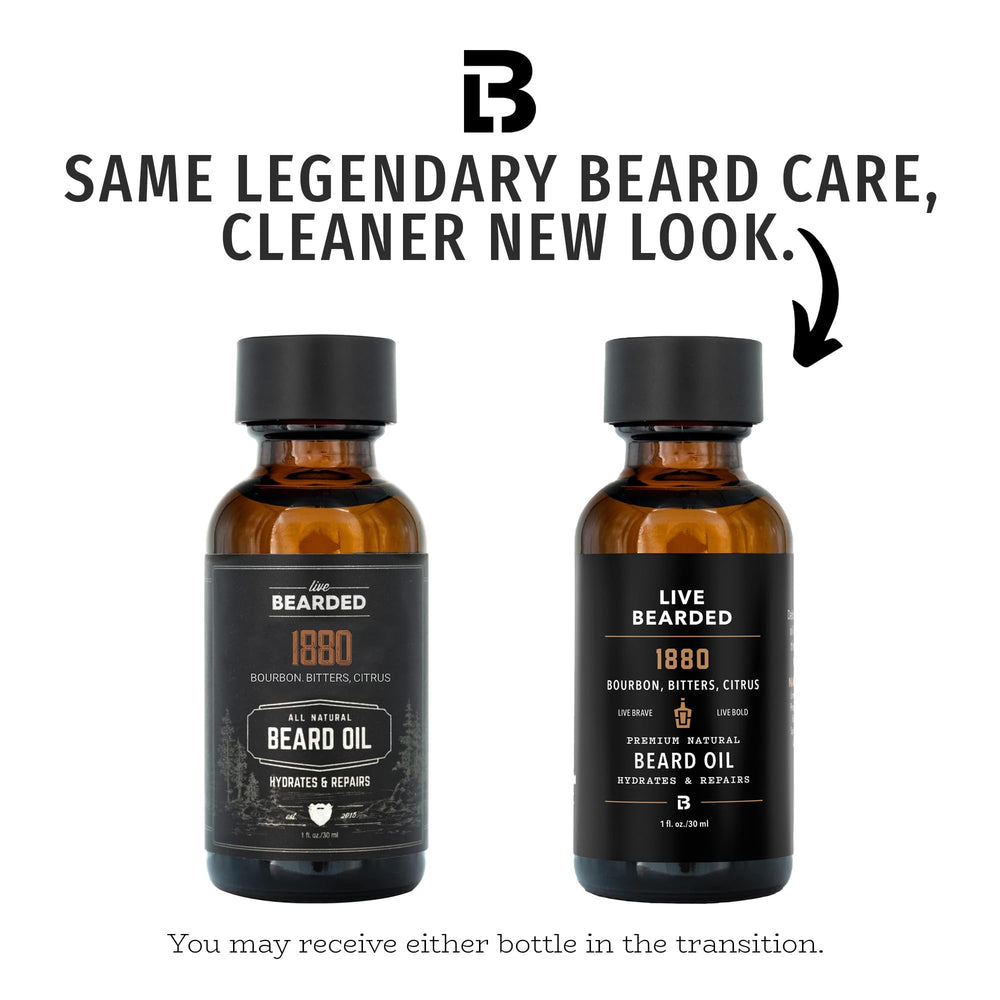 Live Bearded 1880 scent bottle highlighting bourbon, bitters, citrus profile for grooming.