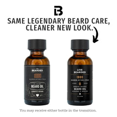 Live Bearded 1880 scent bottle highlighting bourbon, bitters, citrus profile for grooming.