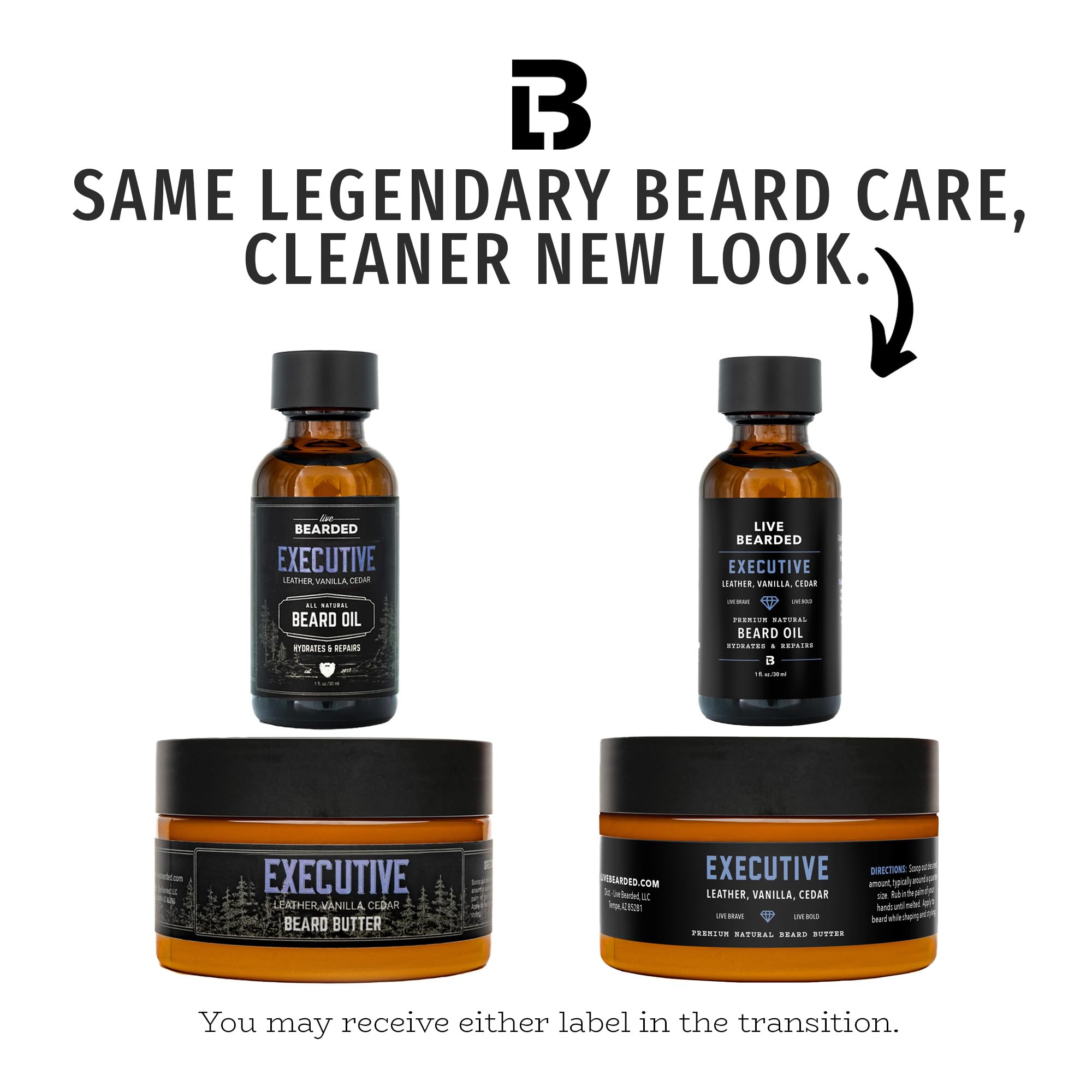 Live Bearded natural ingredients label featuring shea, argan and jojoba