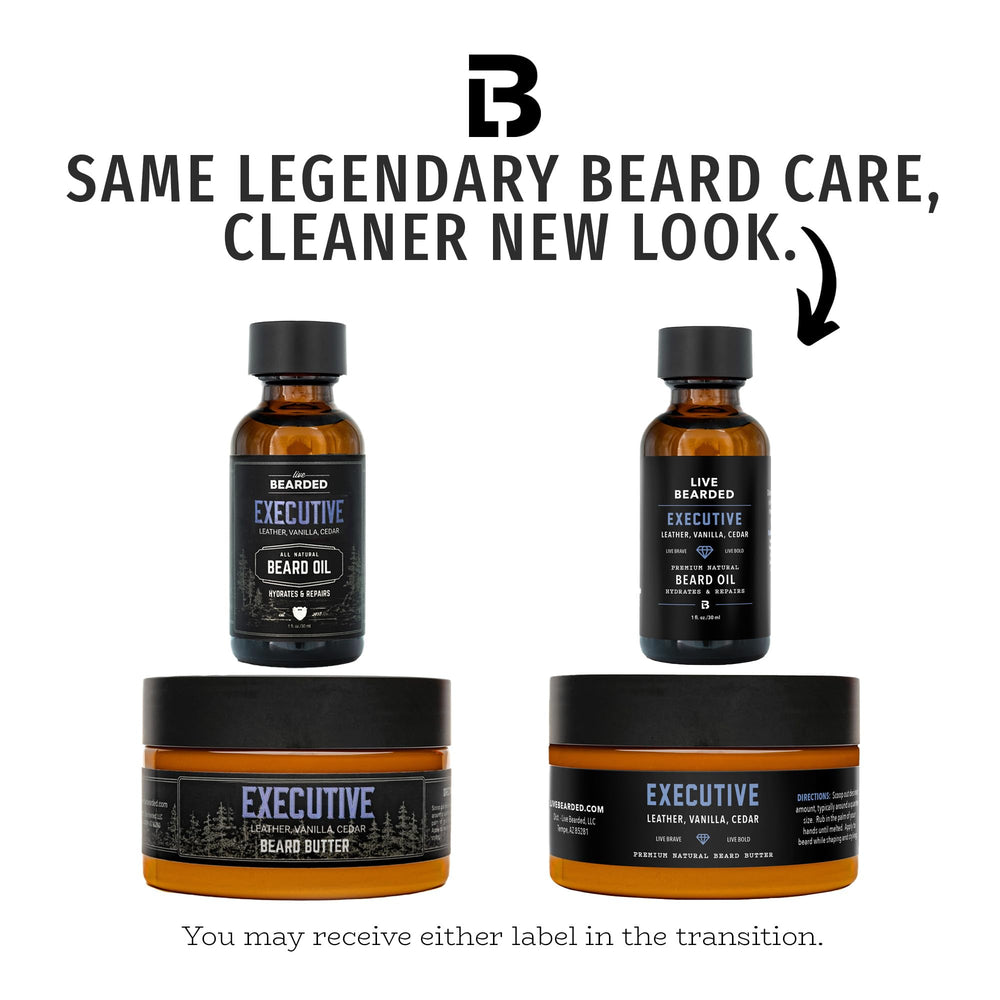 Live Bearded natural ingredients label featuring shea, argan and jojoba