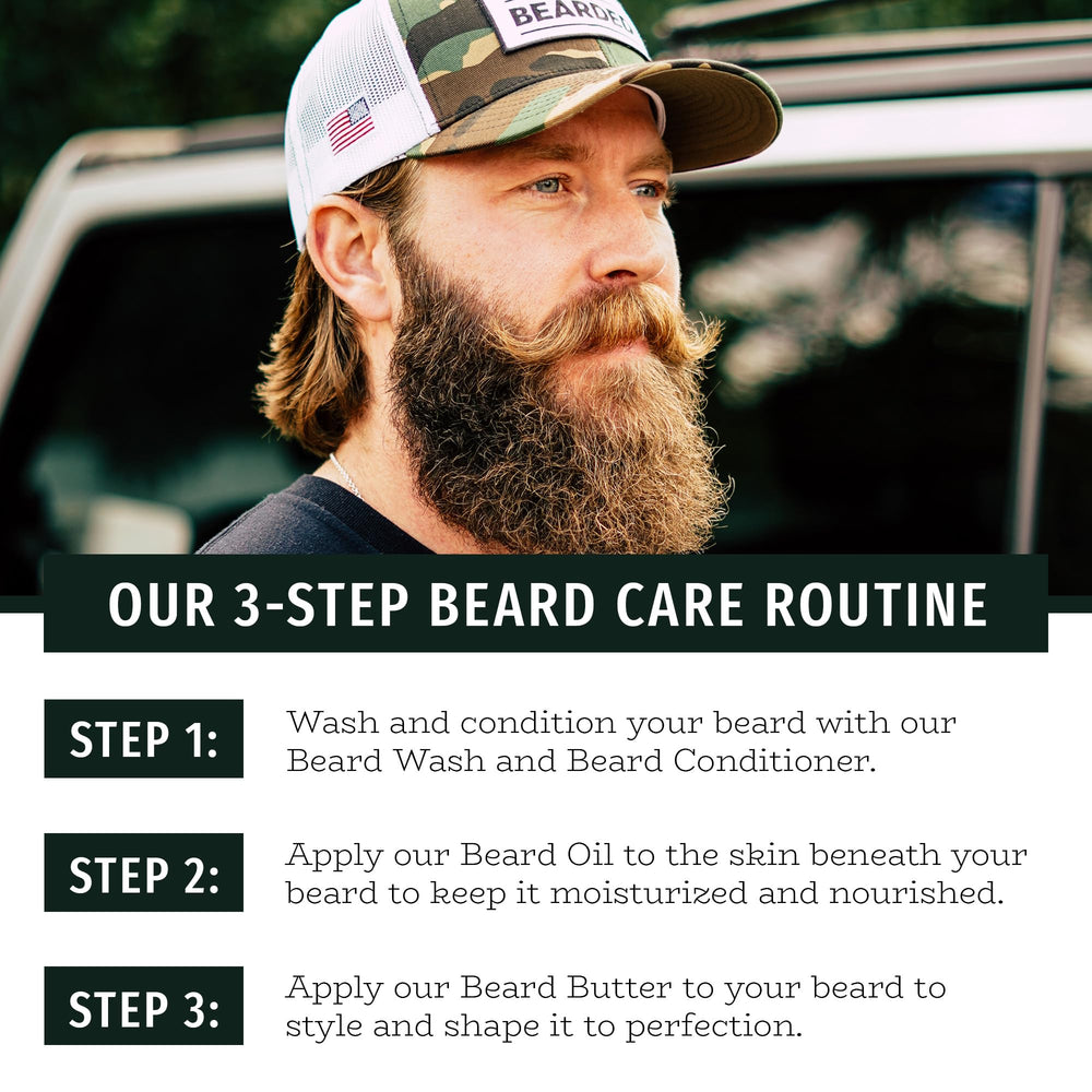 Live Bearded American scent bottle features cedar, vetiver, bergamot aroma and conditioning benefits.