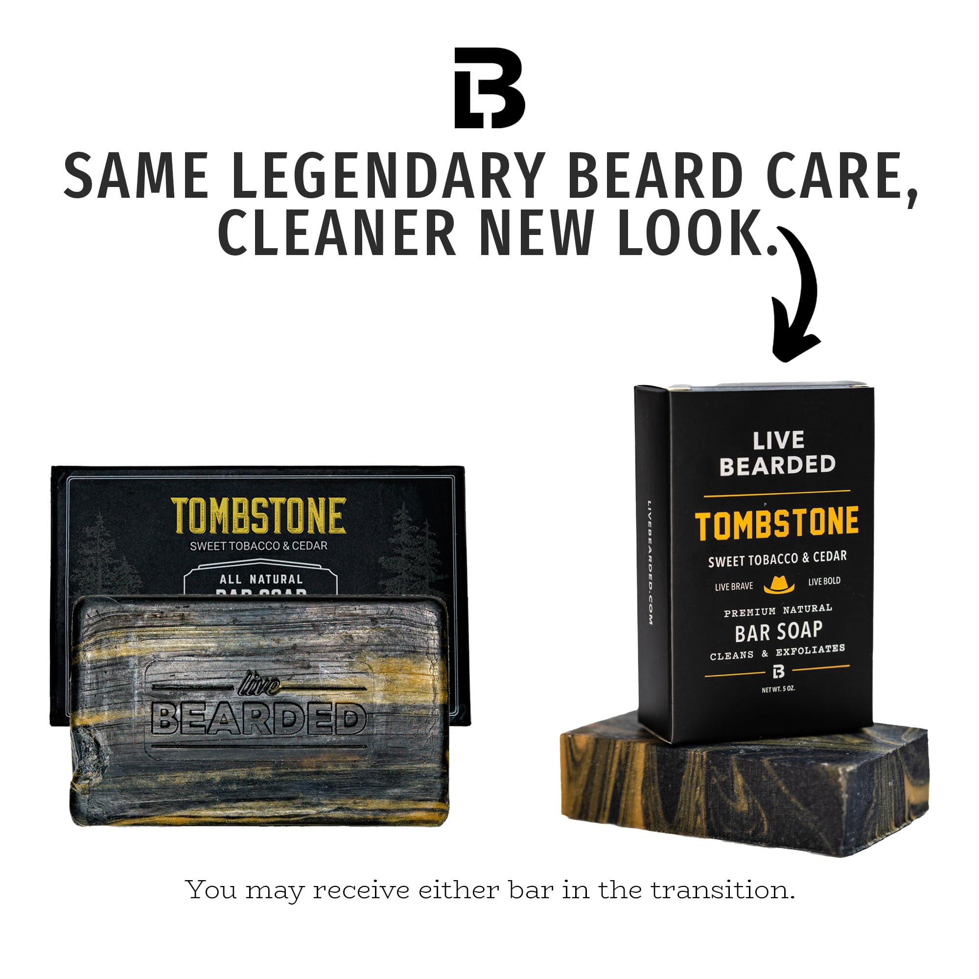 Live Bearded Tombstone bar soap USA-made packaging in display.