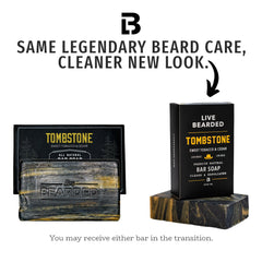 Live Bearded Tombstone bar soap USA-made packaging in display.