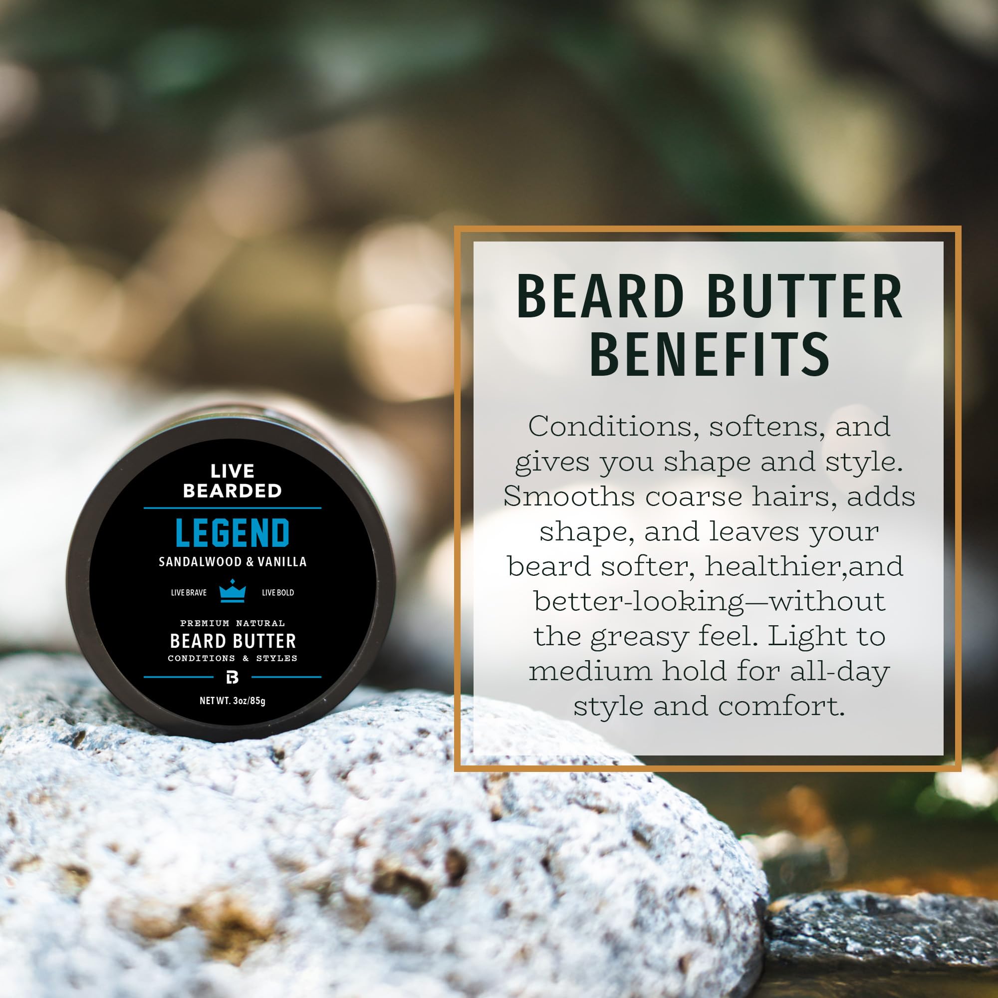 Live Bearded beard butter label highlighting shea and natural ingredients for skin and hair