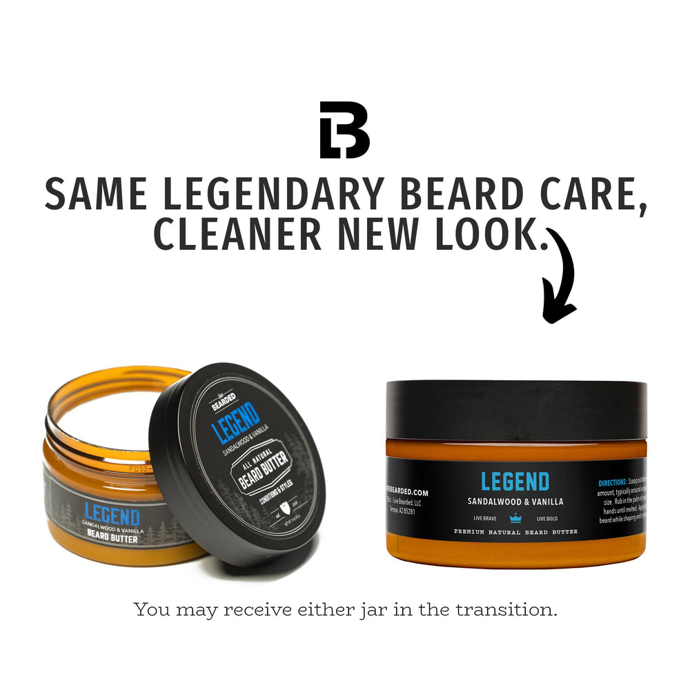 Live Bearded beard butter Legend scent tub open showing lightweight hold and softening