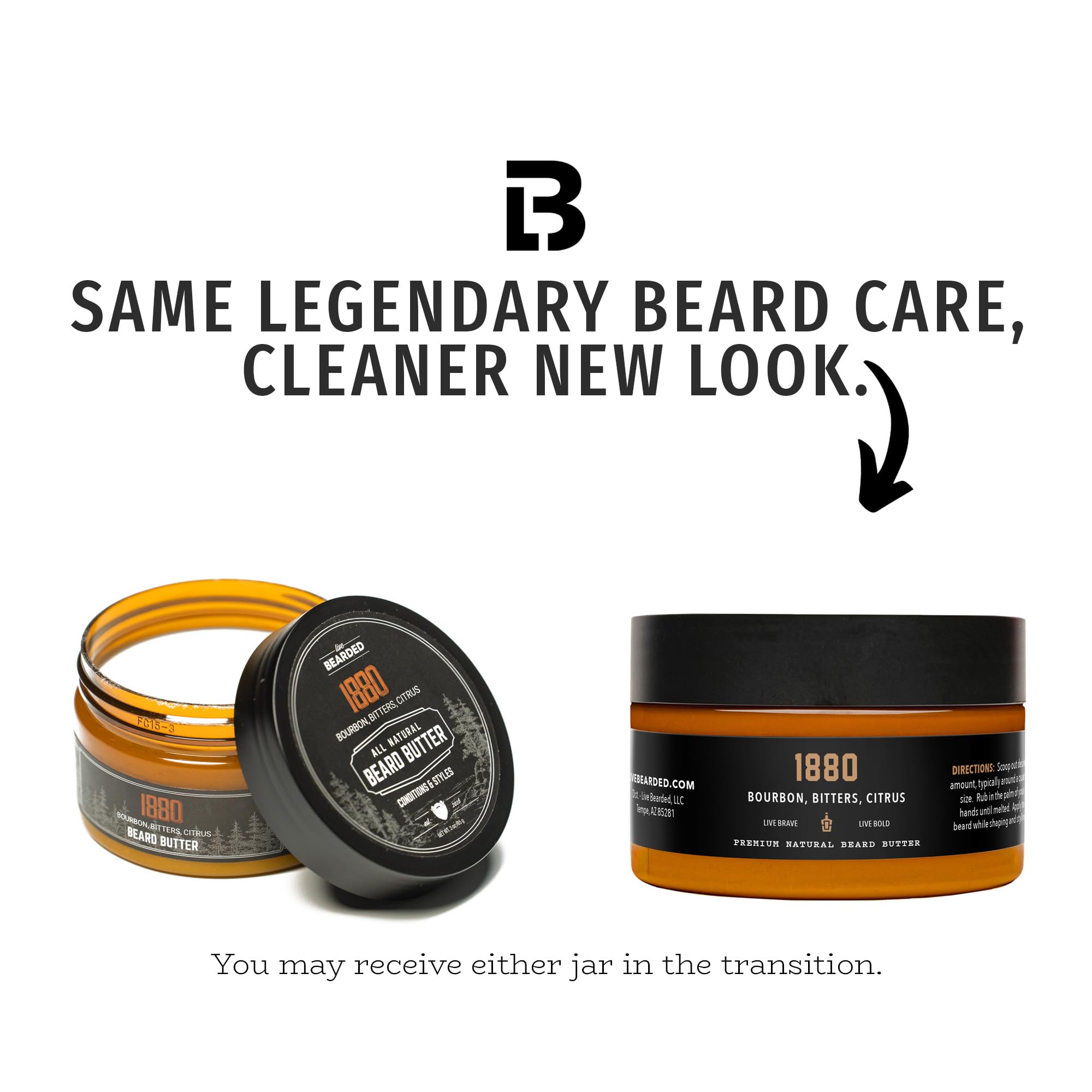 Live Bearded beard butter packaging showcases natural ingredients and USA-made charm.