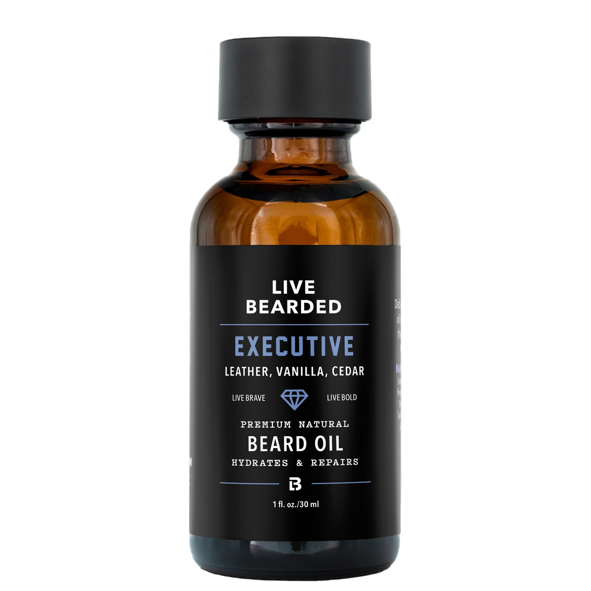 Live Bearded beard oil 1oz bottle highlights all-natural jojoba formula for soft, hydrated beard