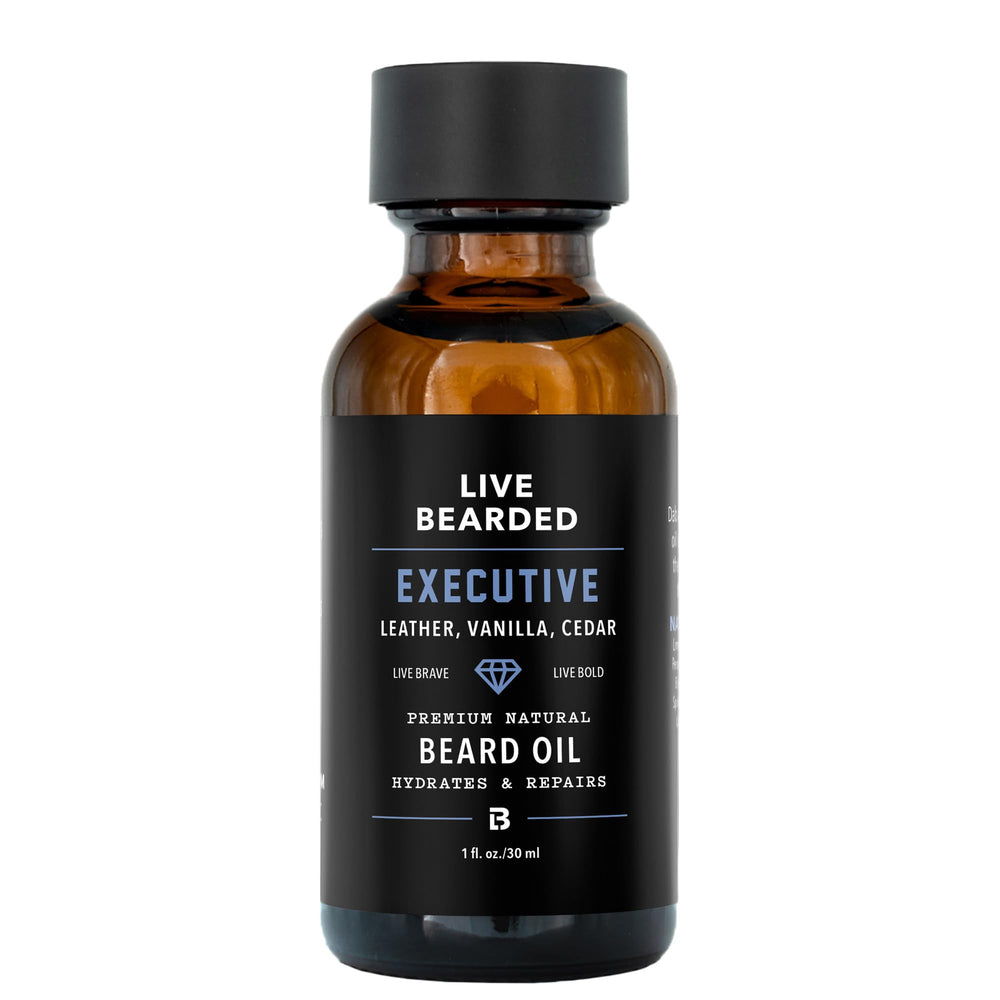 Live Bearded beard oil 1oz bottle highlights all-natural jojoba formula for soft, hydrated beard
