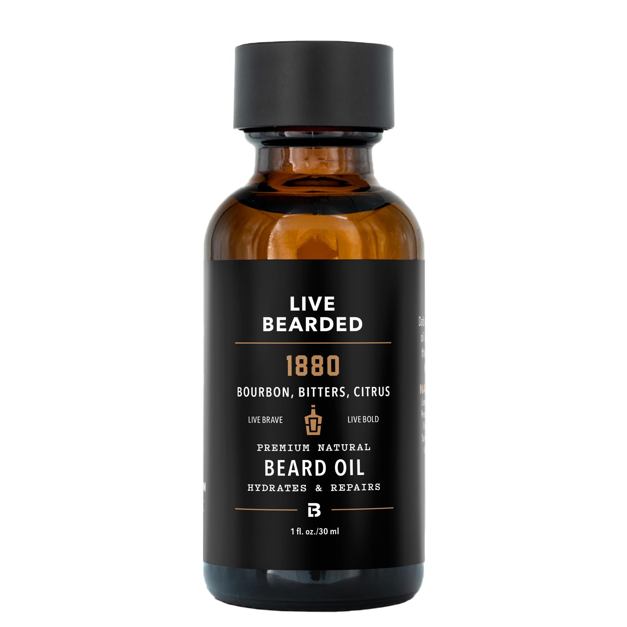Live Bearded beard oil in an amber bottle, showcasing premium beard and skin hydration.