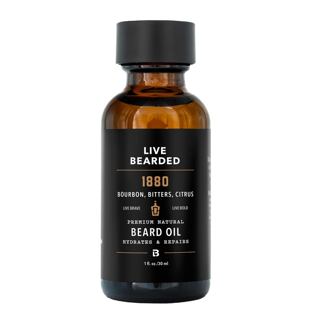 Live Bearded beard oil in an amber bottle, showcasing premium beard and skin hydration.