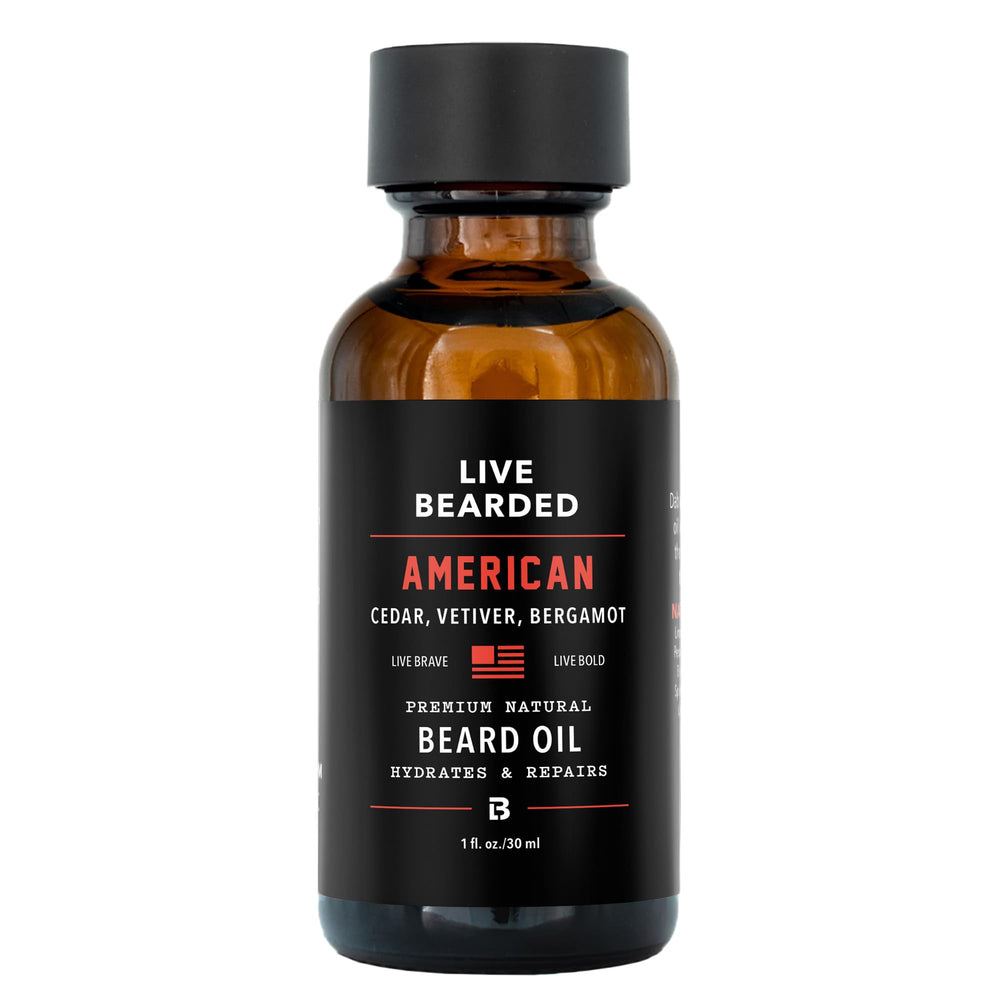 Live Bearded beard oil bottle 1oz shows premium natural jojoba for dry skin.