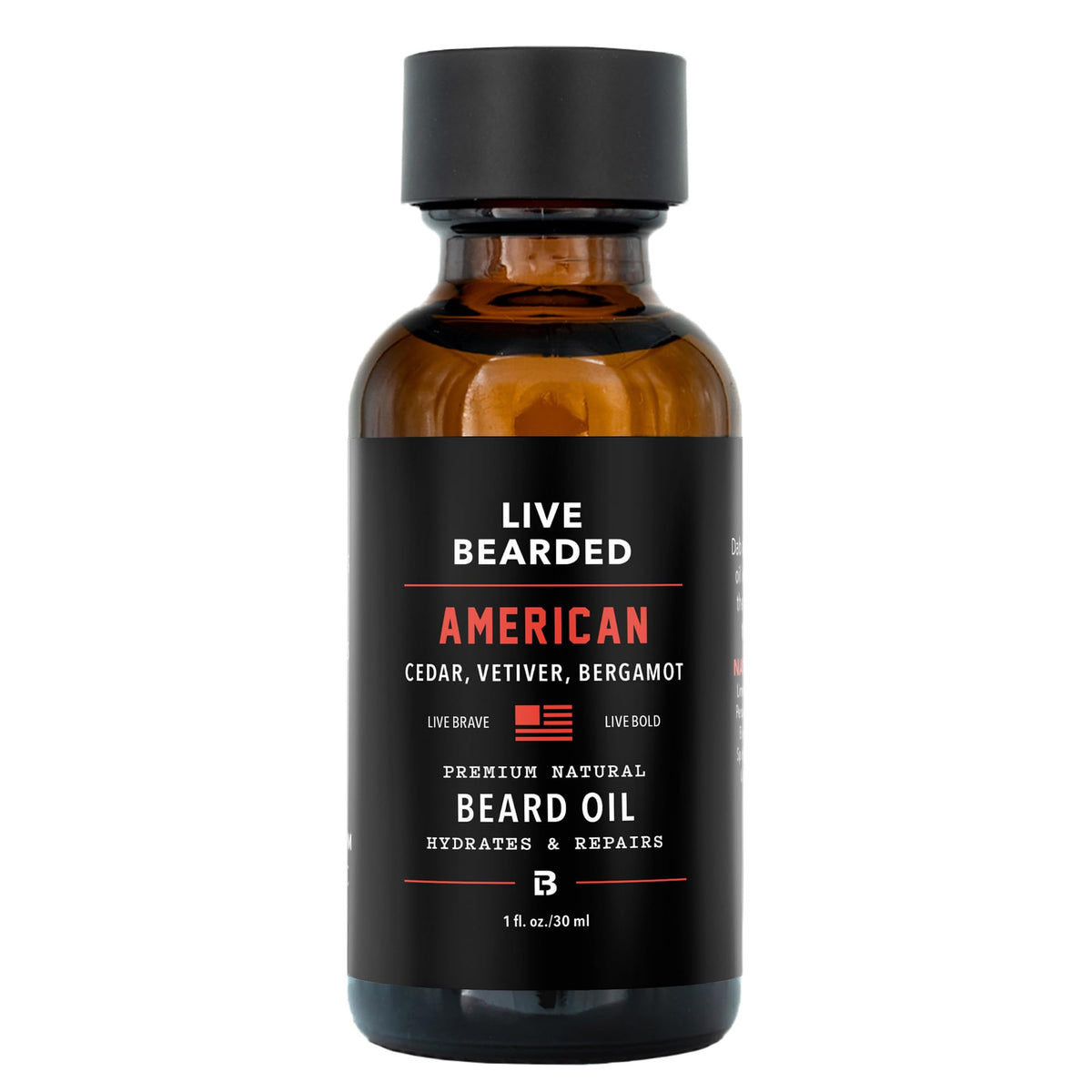 Live Bearded beard oil bottle 1oz shows premium natural jojoba for dry skin.