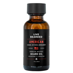 Live Bearded beard oil bottle 1oz shows premium natural jojoba for dry skin.