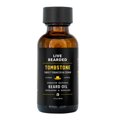 Live Bearded Tombstone beard oil bottle front view for smoother skin and well-groomed beard