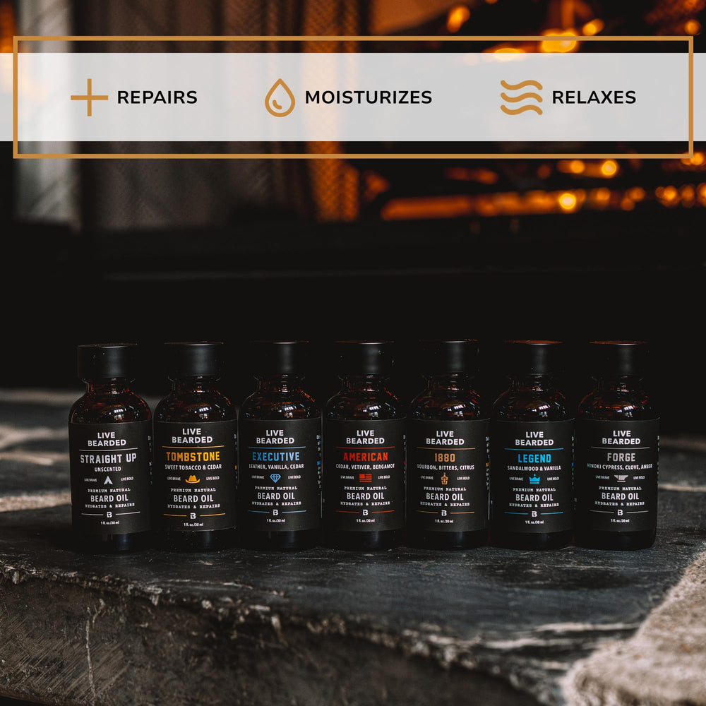 Live Bearded Tombstone packaging emphasizes USA-made quality and fragrance-ready grooming routine