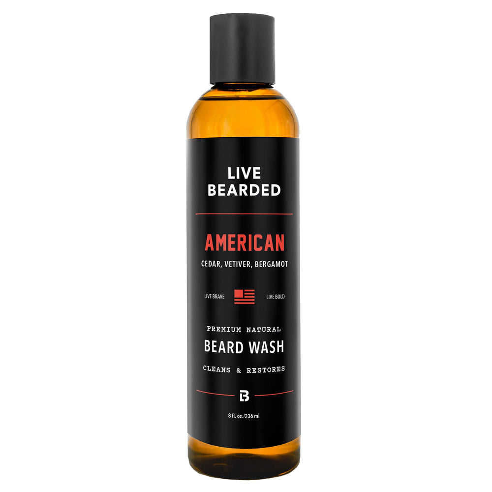 Live Bearded beard wash bottle pour for quick, refreshing cleansing.