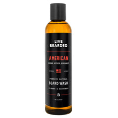 Live Bearded beard wash bottle pour for quick, refreshing cleansing.