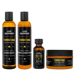 Live Bearded Tombstone packaging reveals a complete beard kit for everyday grooming.