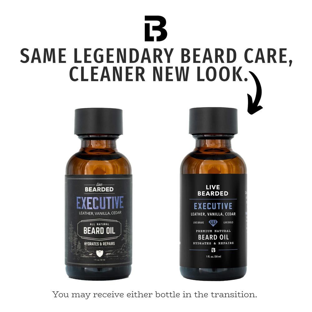 Live Bearded Executive Scent Cedar-Vanilla bottle evokes premium masculine aroma for daily beard care