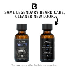 Live Bearded Executive Scent Cedar-Vanilla bottle evokes premium masculine aroma for daily beard care