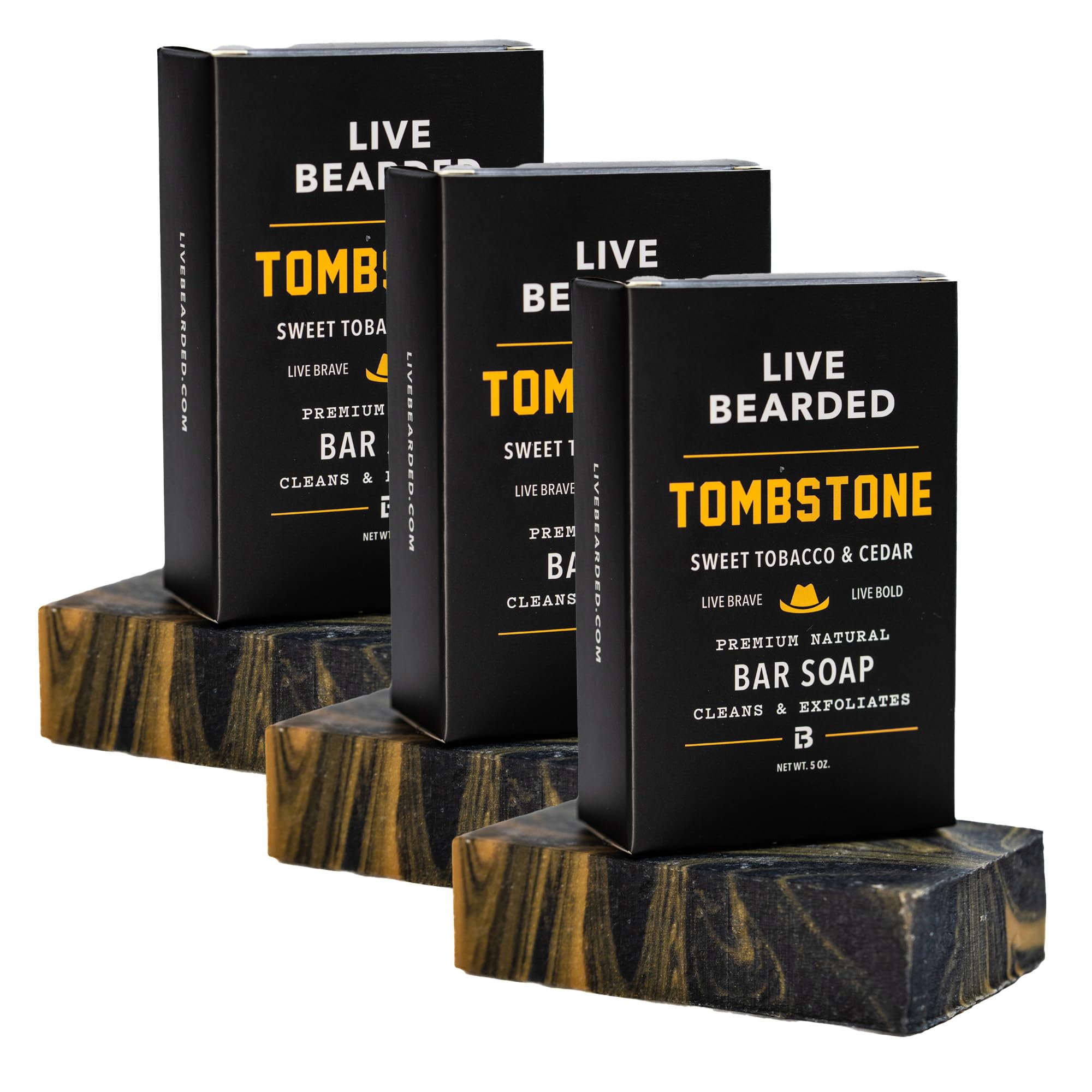 Live Bearded Tombstone bar soap charcoal-pumice close-up for exfoliation and deep cleaning.